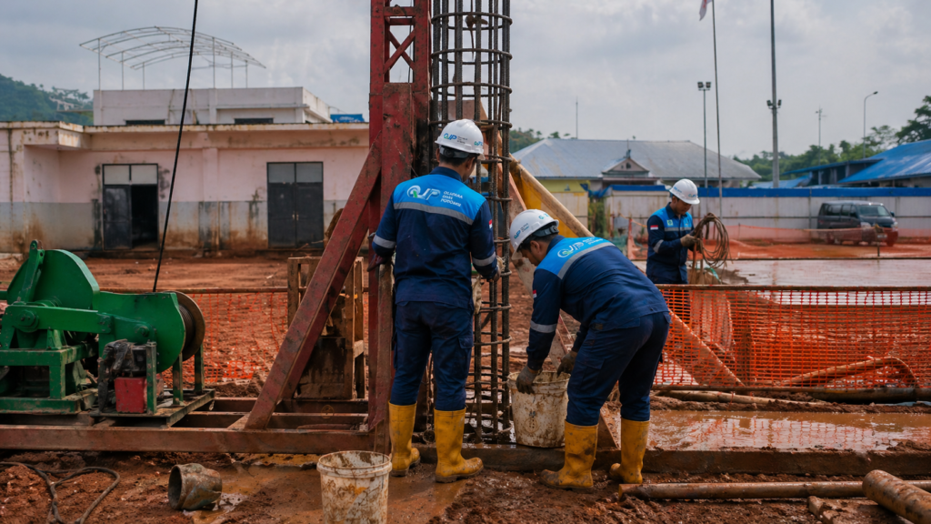 Proses bore pile mini crane proyek gedung oleh Qilatara Jaya Pondasi di Jawa Timur