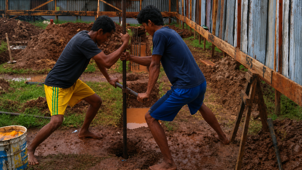 Proses strauss pile manual untuk pondasi rumah oleh Qilatara Jaya Pondasi di Jawa Timur